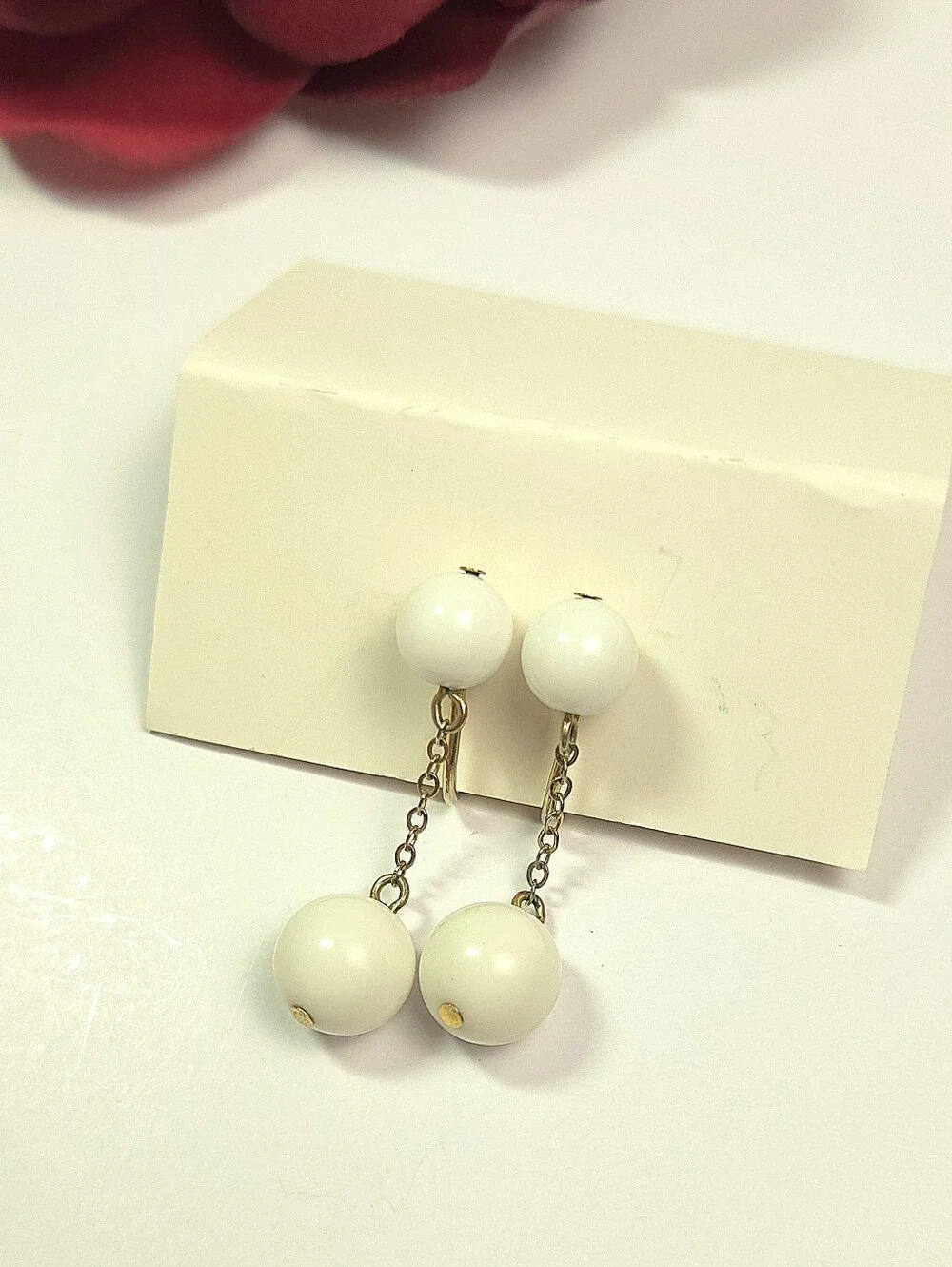 Vintage White Acrylic Bead & Chain Dangle Earrings Clip on Earrings
